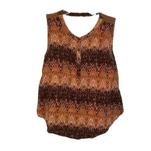 Miss Me Printed Henley Tank Blouse Sleeveless Chevron Suede Detail Western Brown